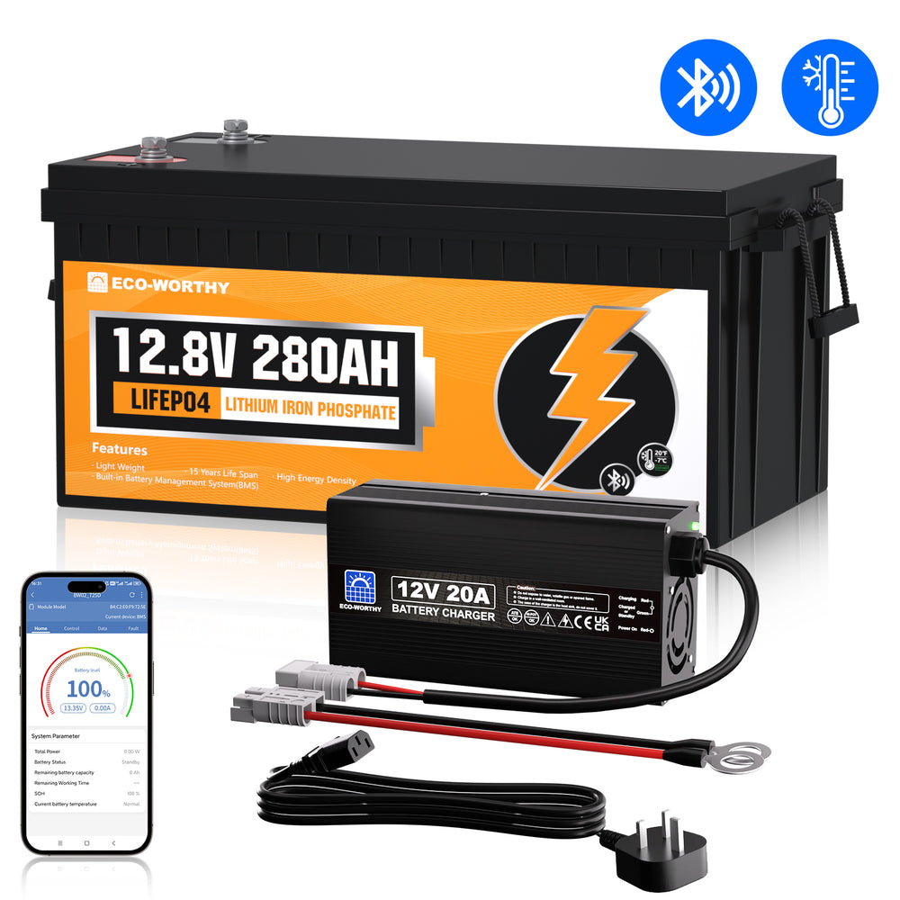 ECO WORTHY 12V 280Ah LiFePO₄ Lithium Battery – Bluetooth Monitoring & Low-Temp Protection