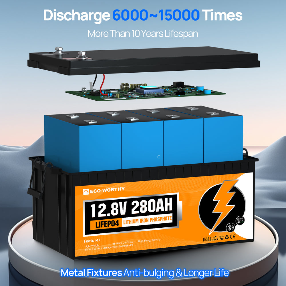 ECO WORTHY 12V 280Ah LiFePO₄ Lithium Battery – Bluetooth Monitoring & Low-Temp Protection