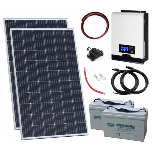 Photonic Universe 600W 24V Off-Grid Solar Kit with 2x300W Panels, 2kW Hybrid Inverter and Dual 100Ah Batteries