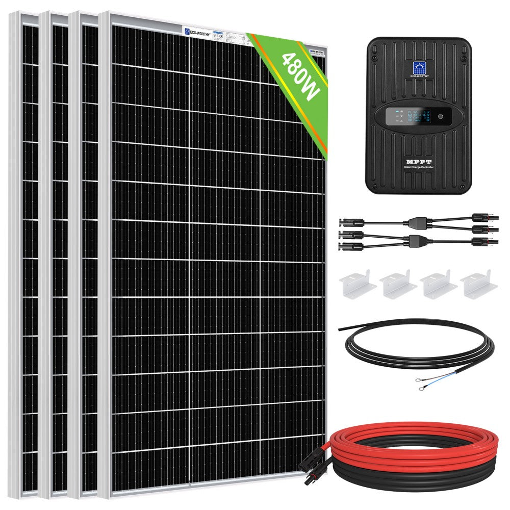 ECO WORTHY 480W 12V Complete Off-Grid Solar Kit with MPPT Controller – 4×120W Bifacial Solar Panels