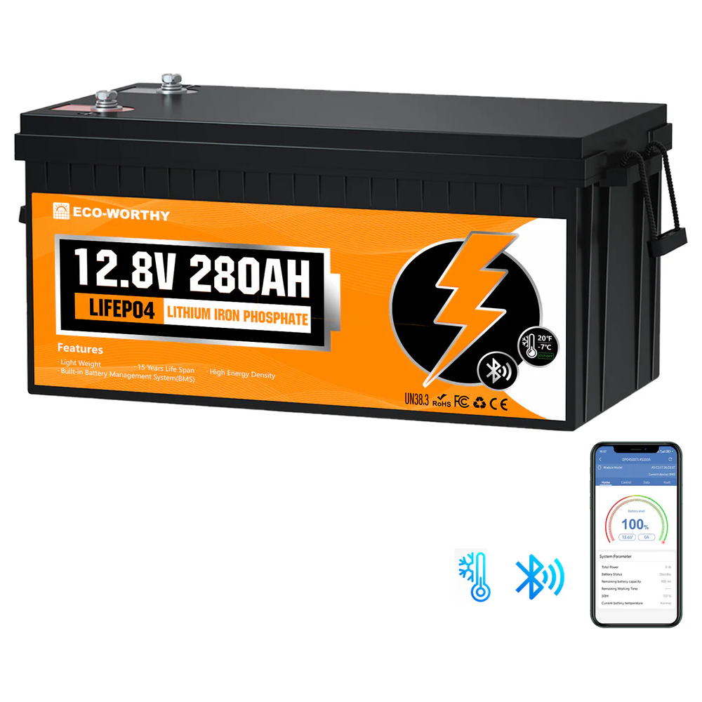 ECO WORTHY 12V 280Ah LiFePO₄ Lithium Battery – Bluetooth Monitoring & Low-Temp Protection
