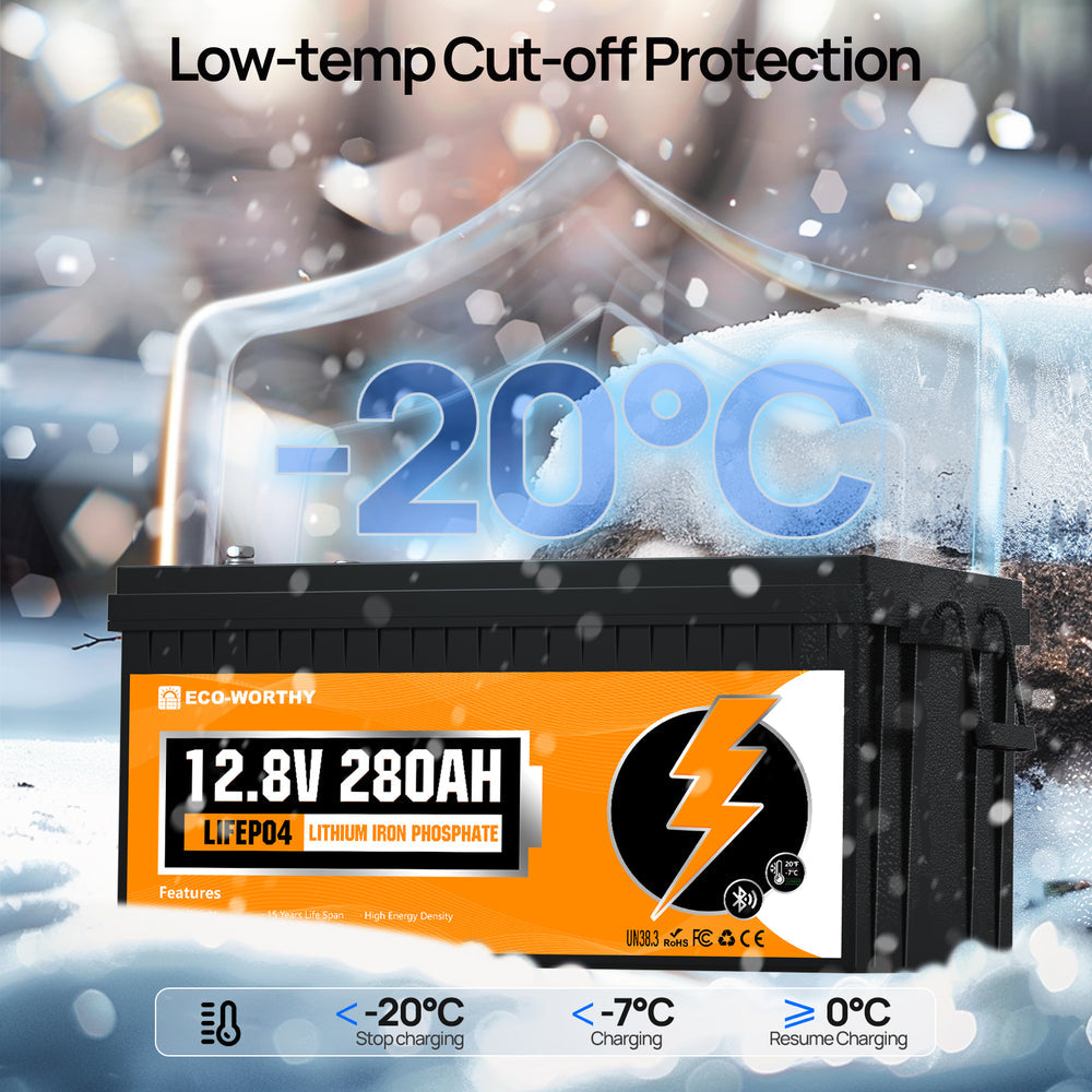 ECO WORTHY 12V 280Ah LiFePO₄ Lithium Battery – Bluetooth Monitoring & Low-Temp Protection