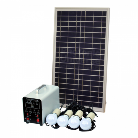 25W Off-Grid Solar Lighting System with 4×5W LED Lights, 12V Battery & USB Output