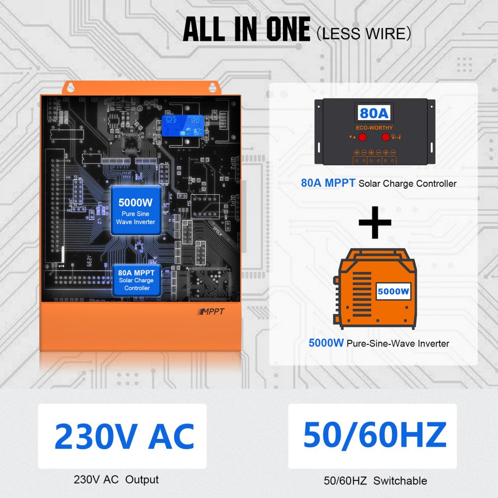 Integrated 5000W 48V Pure Sine Wave Inverter with 80A Charge Controller for Off-Grid Systems