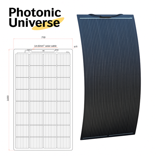 Photonic Universe 200W Black Semi-Flexible Fibreglass Solar Panel with Durable ETFE Coating